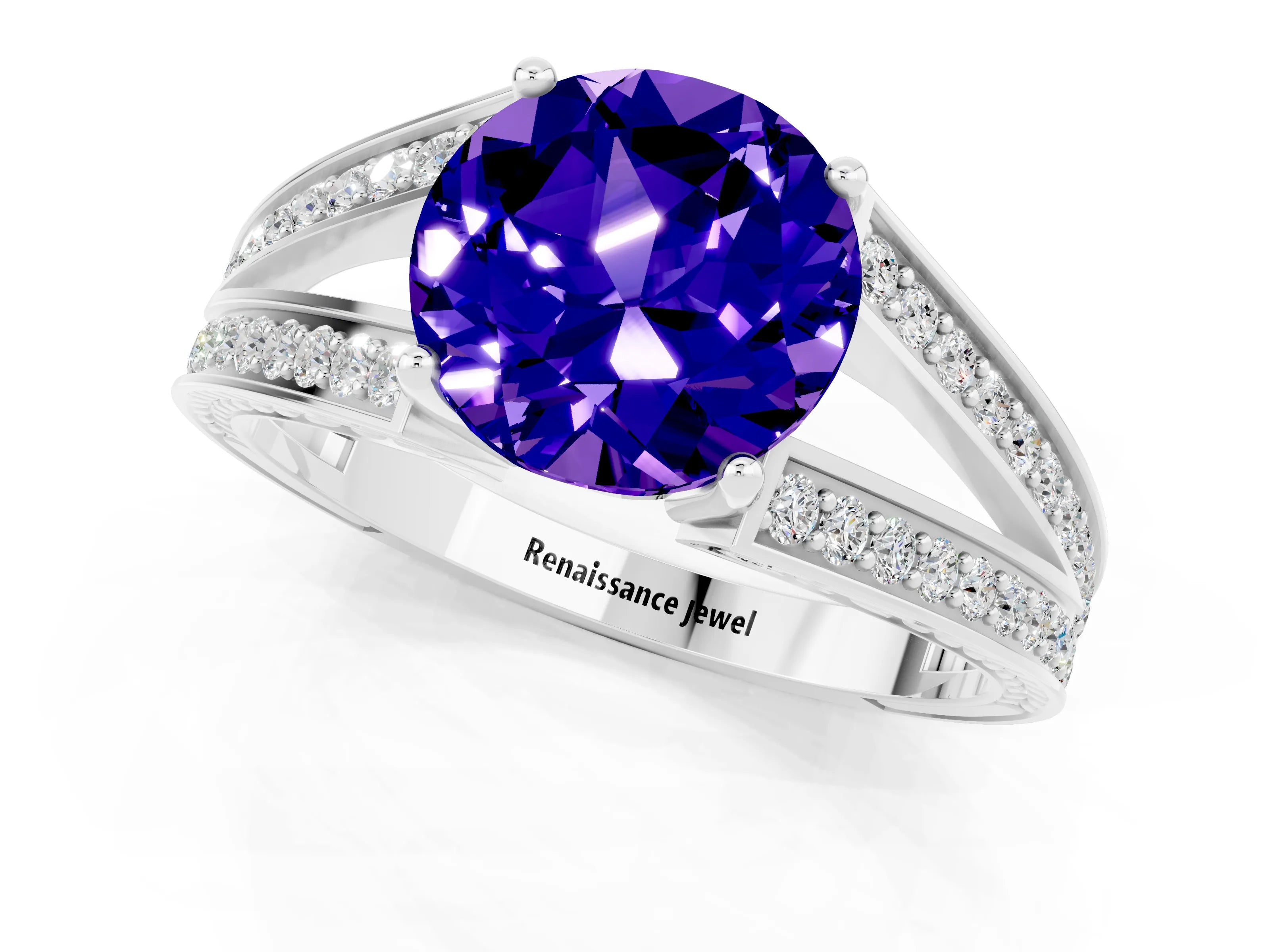 White gold Round Cut Tanzanite Split Shank Ring with Pavé Band and Four-Prong Setting_1