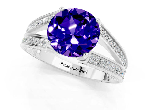 White gold Round Cut Tanzanite Split Shank Ring with Pavé Band and Four-Prong Setting_1