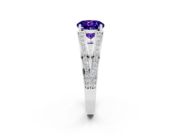 Platinum Round Cut Tanzanite Split Shank Ring with Pavé Band and Four-Prong Setting