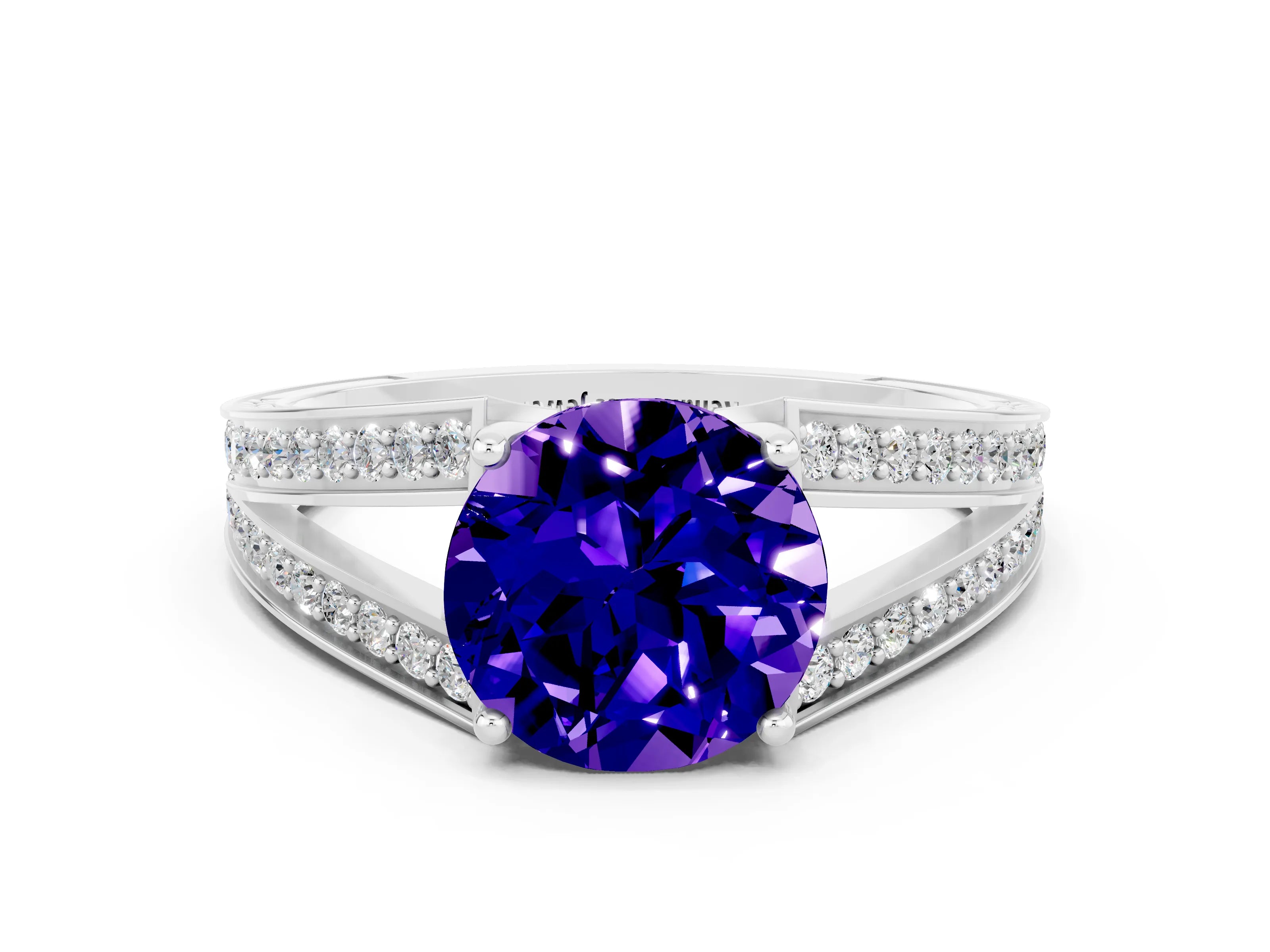White gold Round Cut Tanzanite Split Shank Ring with Pavé Band and Four-Prong Setting