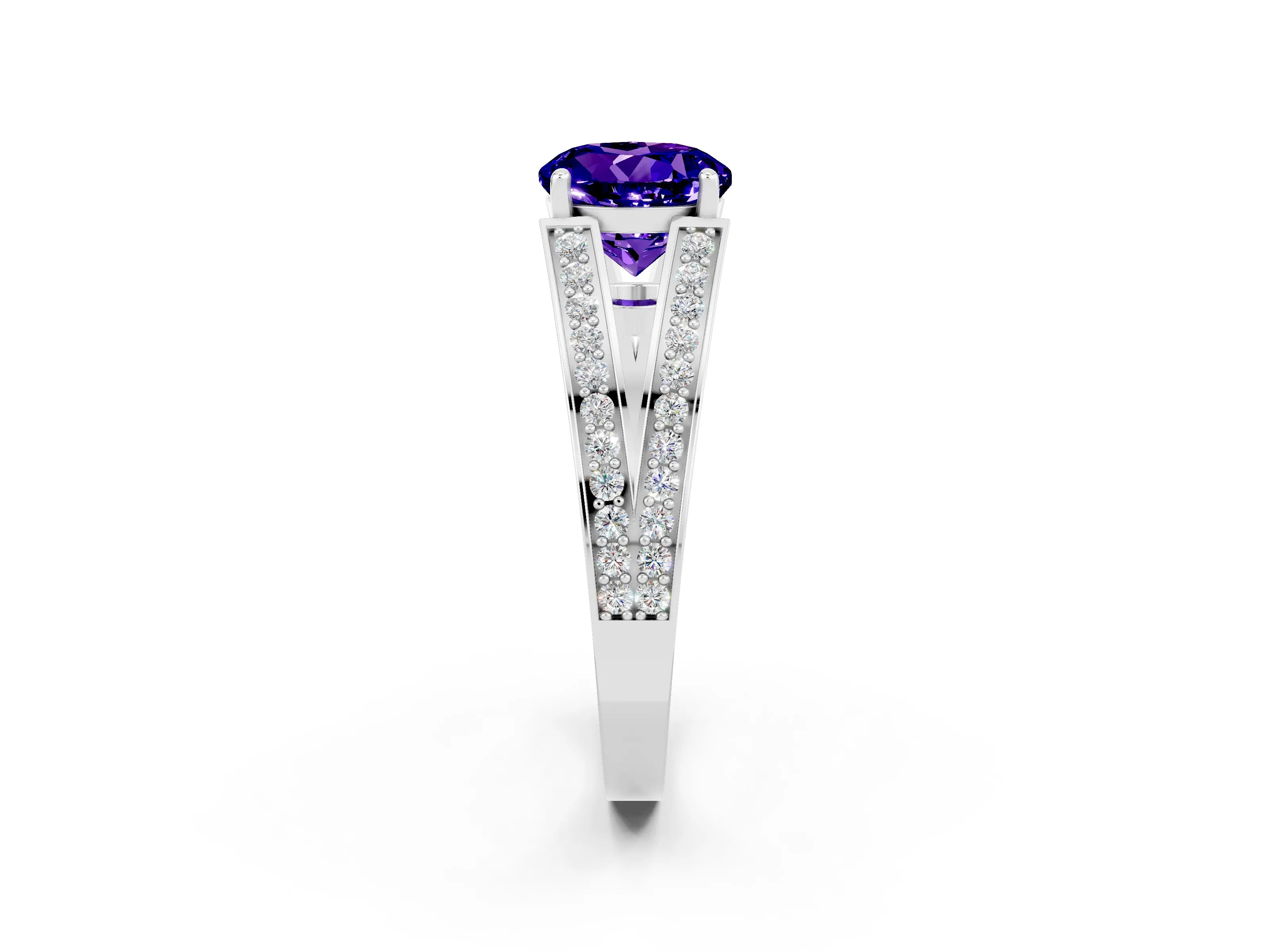 White gold Round Cut Tanzanite Split Shank Ring with Pavé Band and Four-Prong Setting_2
