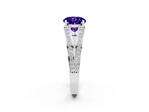 White gold Round Cut Tanzanite Split Shank Ring with Pavé Band and Four-Prong Setting_2