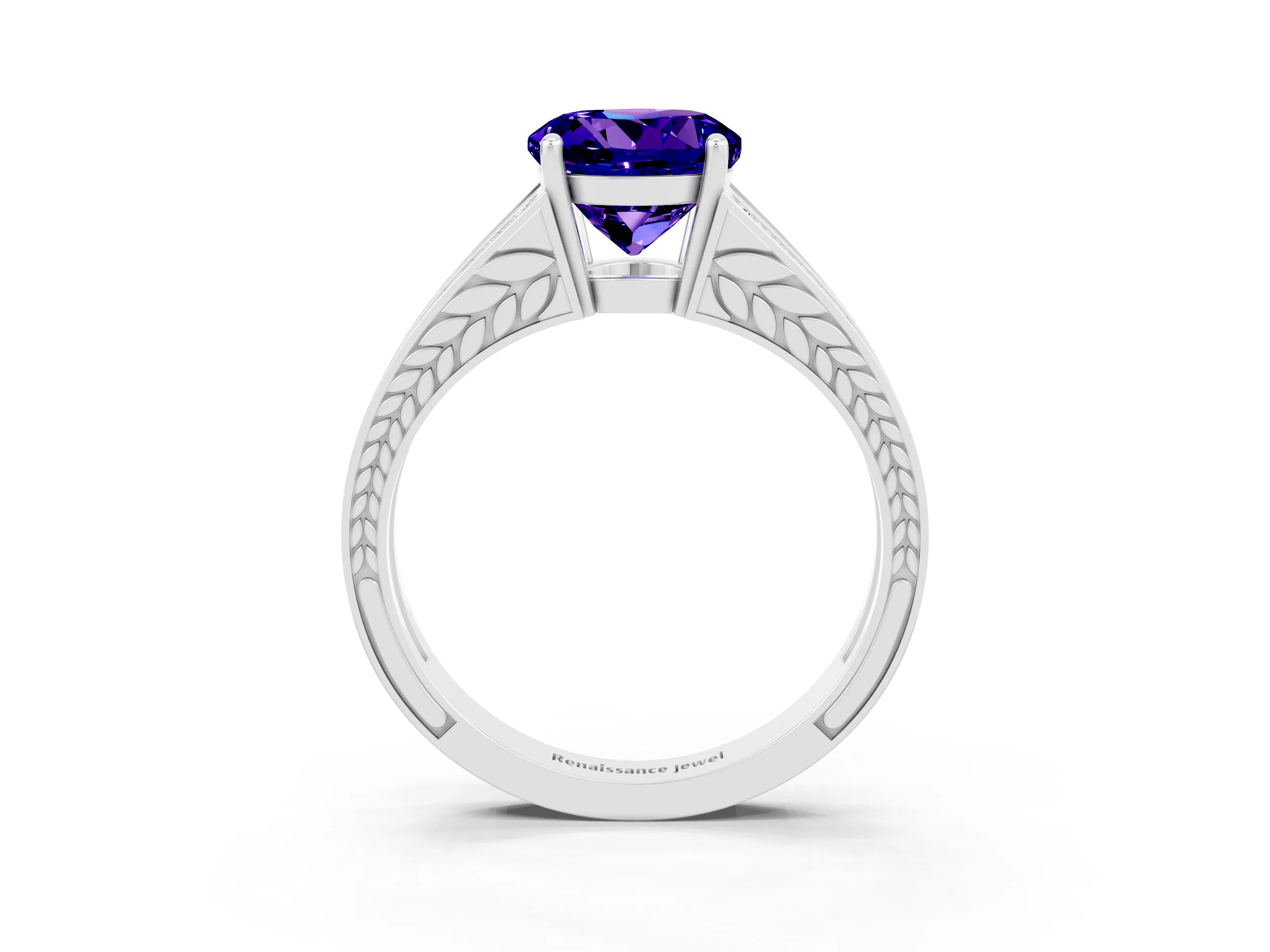 White gold Round Cut Tanzanite Split Shank Ring with Pavé Band and Four-Prong Setting_3
