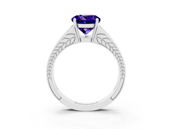 Platinum Round Cut Tanzanite Split Shank Ring with Pavé Band and Four-Prong Setting
