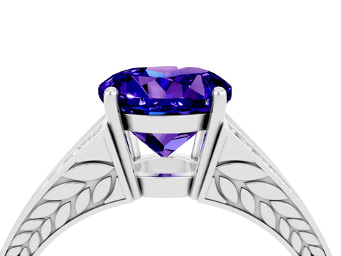 White gold Round Cut Tanzanite Split Shank Ring with Pavé Band and Four-Prong Setting_4