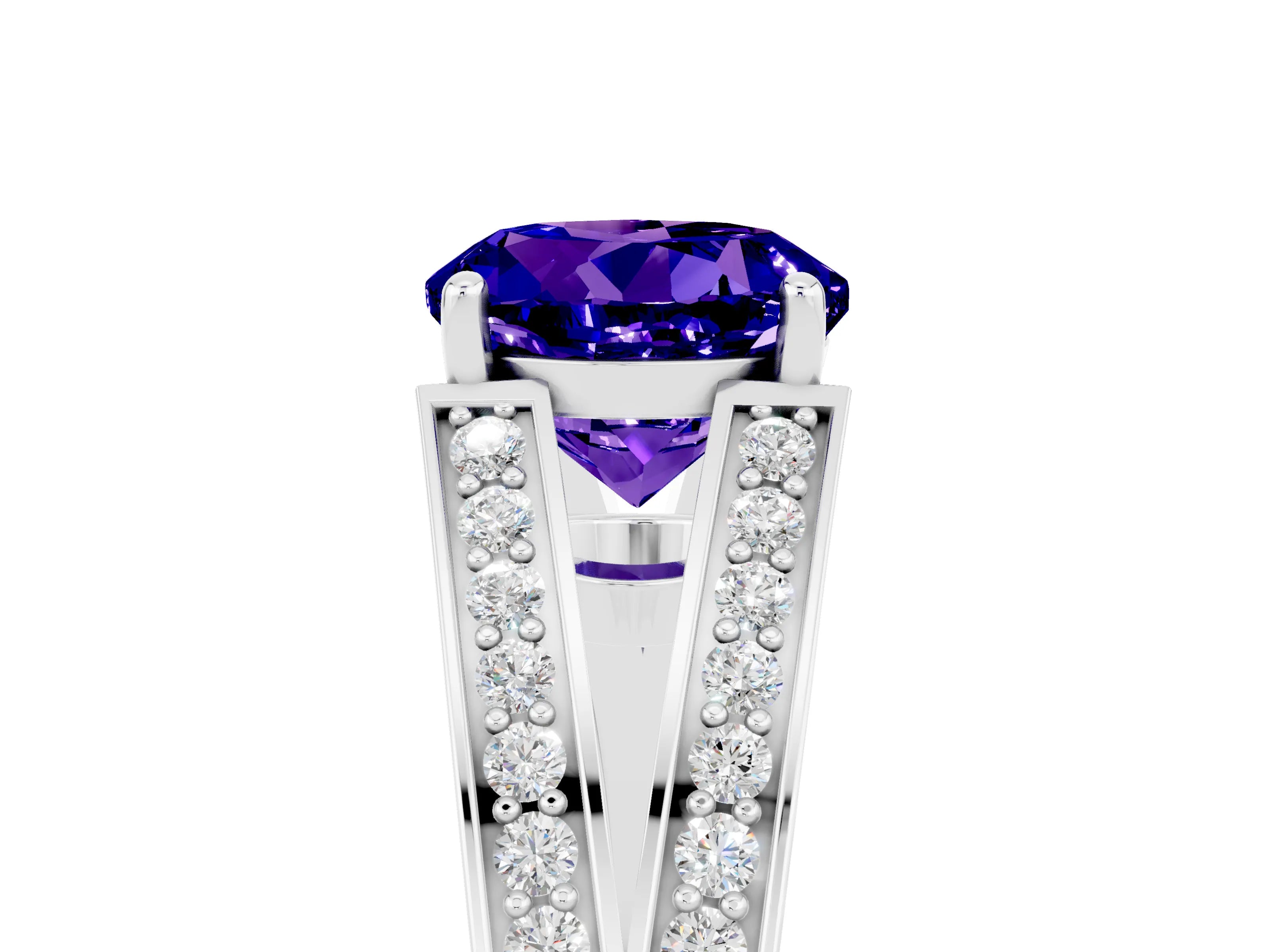 White gold Round Cut Tanzanite Split Shank Ring with Pavé Band and Four-Prong Setting_5