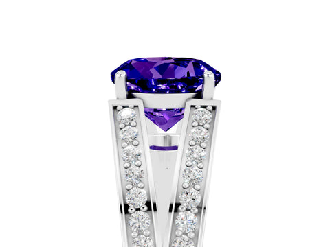 White gold Round Cut Tanzanite Split Shank Ring with Pavé Band and Four-Prong Setting_5