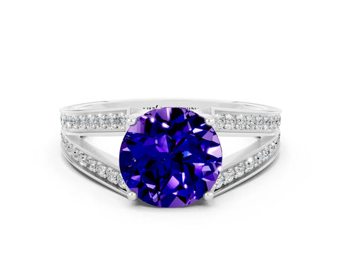 White gold Round Cut Tanzanite Split Shank Ring with Pavé Band and Four-Prong Setting