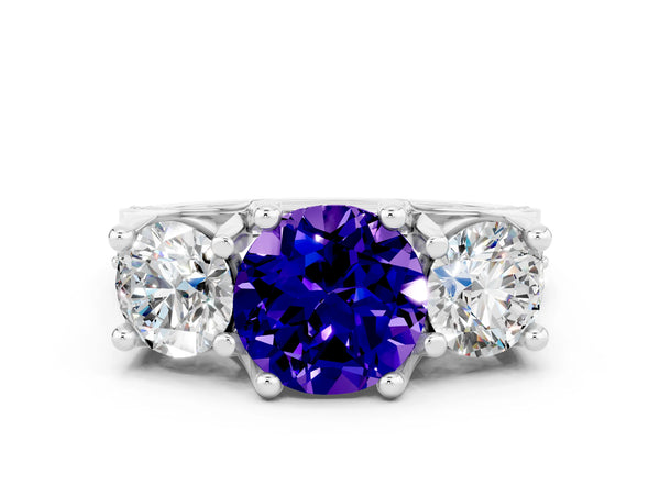 Platinum Round Cut Tanzanite Three-Stone Ring with Channel Set Band and Four-Prong Setting
