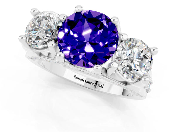 White gold Round Cut Tanzanite Three-Stone Ring with Channel Set Band and Four-Prong Setting