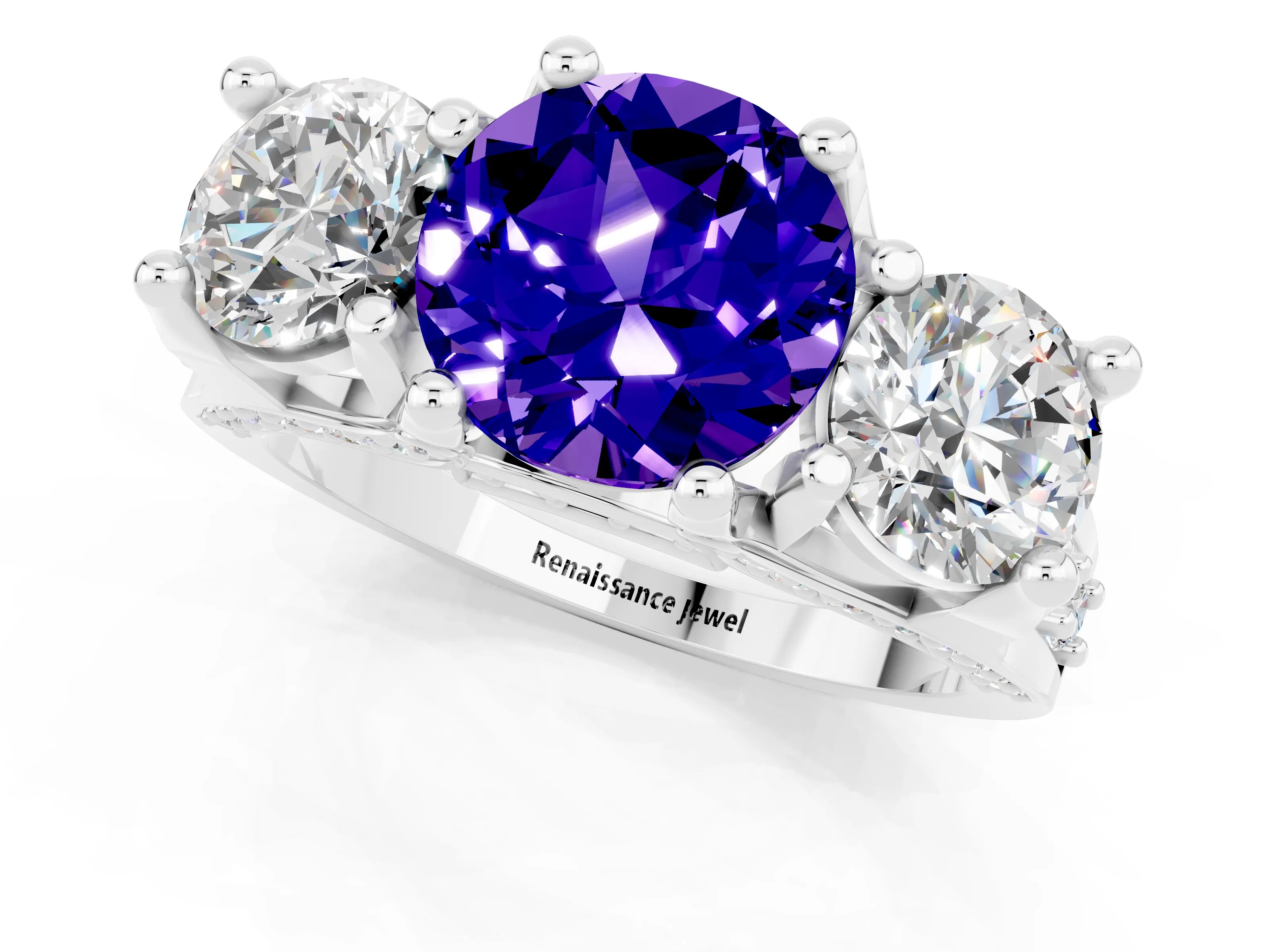 White gold Round Cut Tanzanite Three-Stone Ring with Channel Set Band and Four-Prong Setting_1