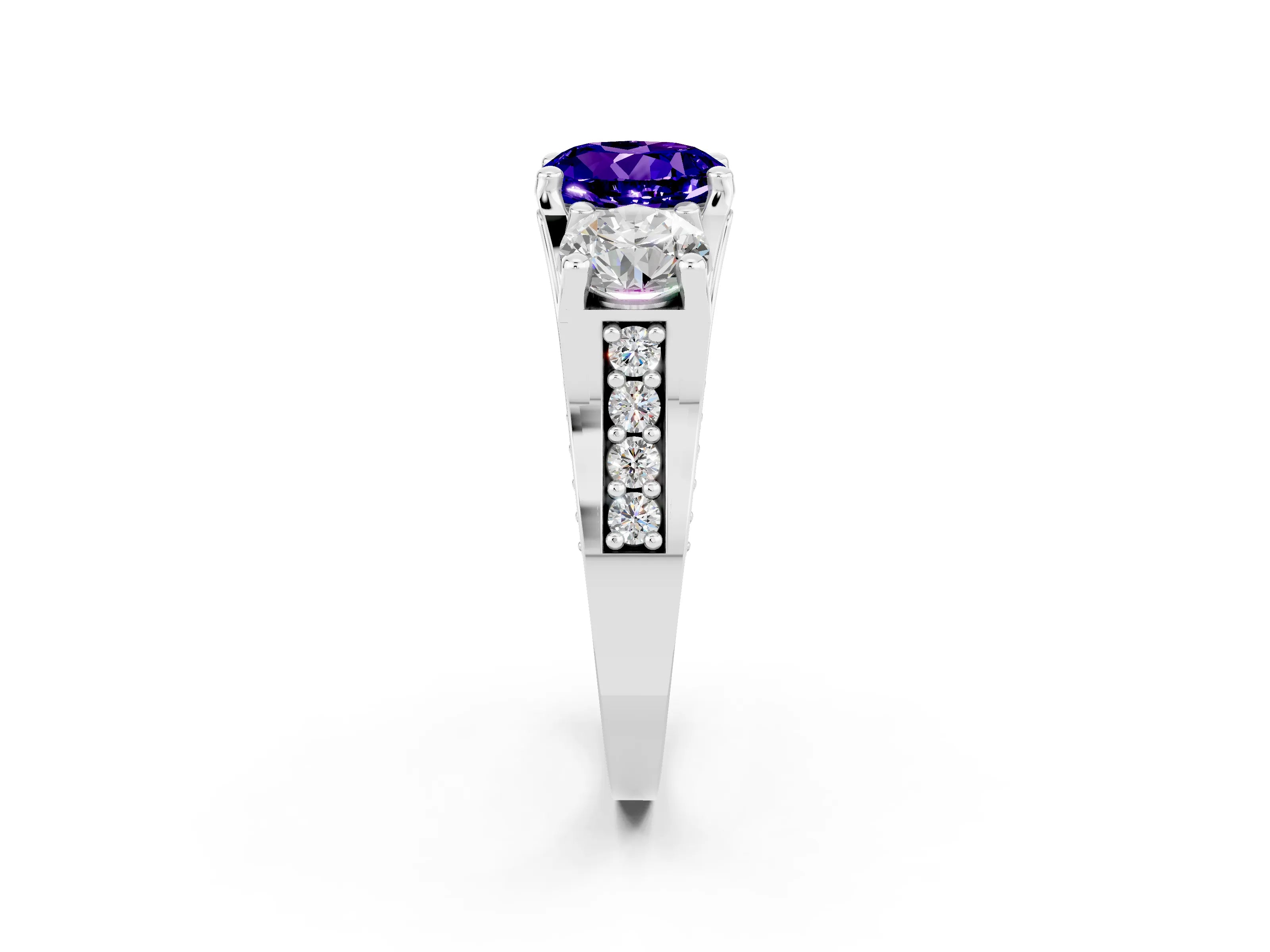 White gold Round Cut Tanzanite Three-Stone Ring with Channel Set Band and Four-Prong Setting_2