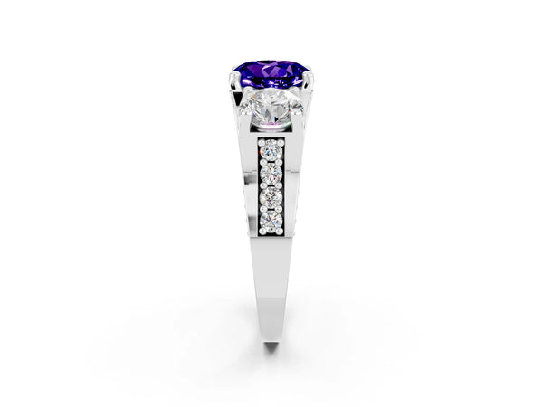 White gold Round Cut Tanzanite Three-Stone Ring with Channel Set Band and Four-Prong Setting