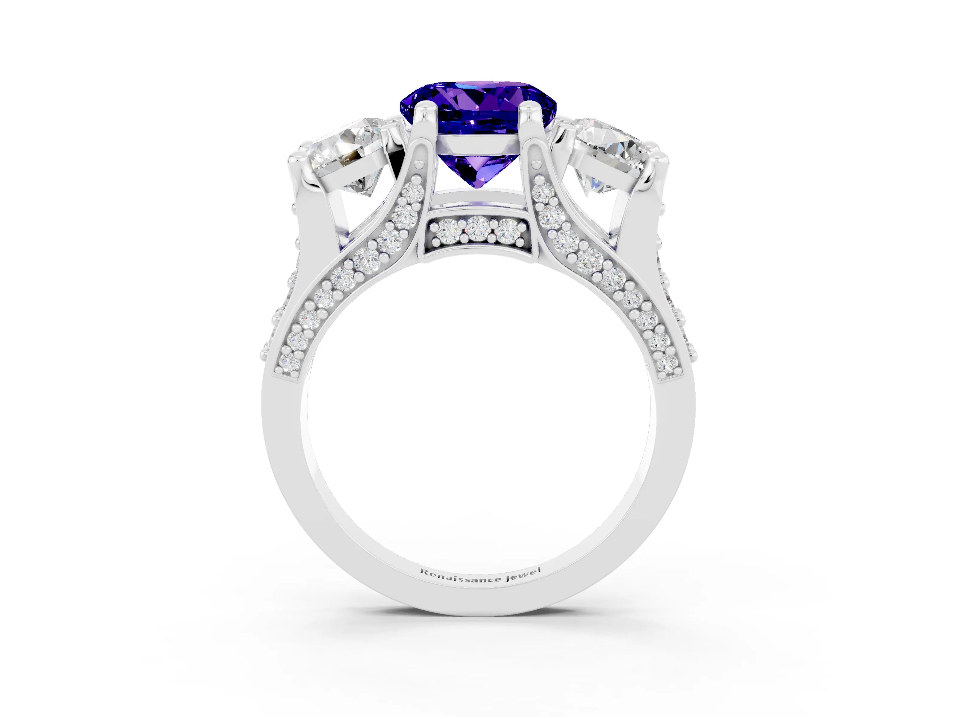 White gold Round Cut Tanzanite Three-Stone Ring with Channel Set Band and Four-Prong Setting_3