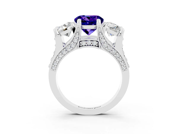 White gold Round Cut Tanzanite Three-Stone Ring with Channel Set Band and Four-Prong Setting