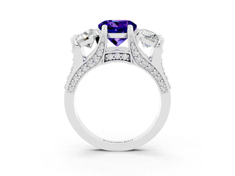 White gold Round Cut Tanzanite Three-Stone Ring with Channel Set Band and Four-Prong Setting_3