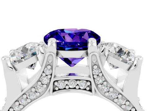 White gold Round Cut Tanzanite Three-Stone Ring with Channel Set Band and Four-Prong Setting_4