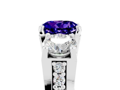 White gold Round Cut Tanzanite Three-Stone Ring with Channel Set Band and Four-Prong Setting_5