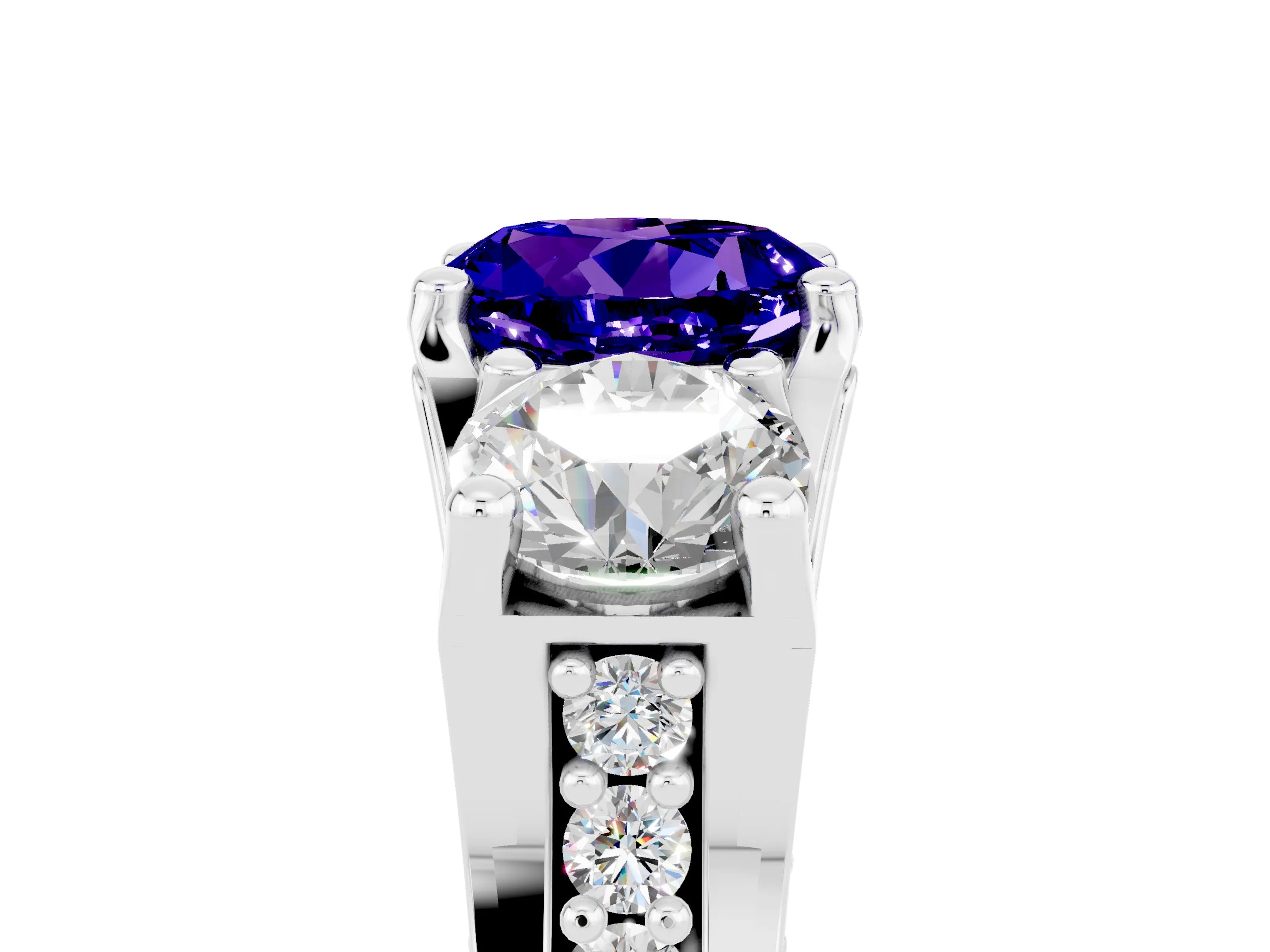 White gold Round Cut Tanzanite Three-Stone Ring with Channel Set Band and Four-Prong Setting_5