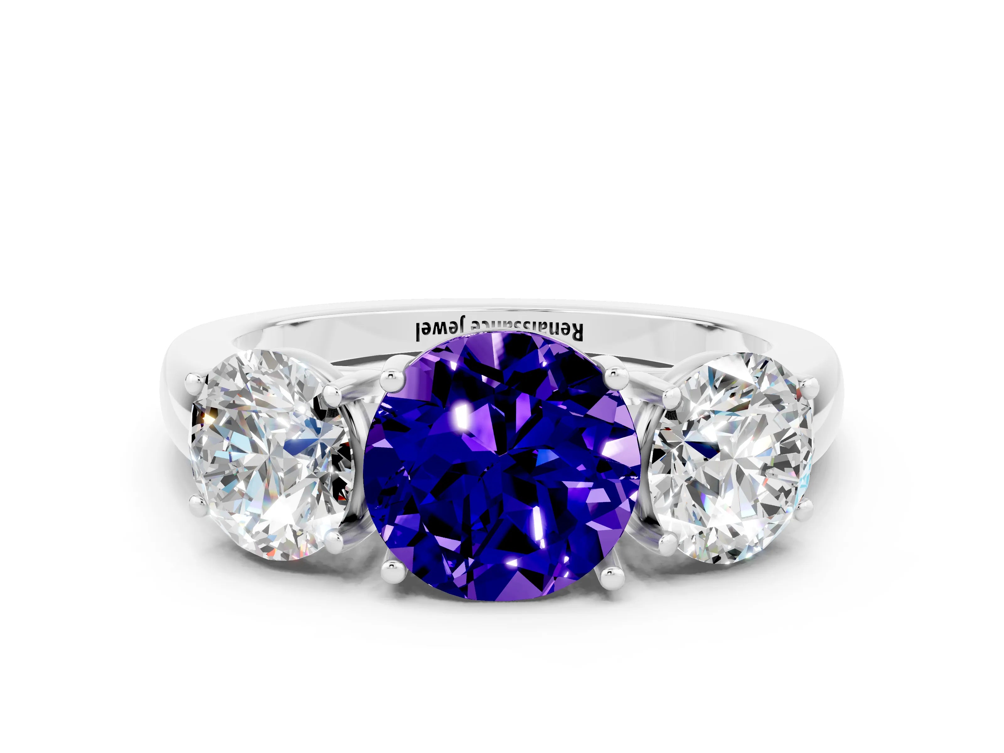 White gold Round Cut Tanzanite Three-Stone Ring with Four-Prong Setting and Classic Band