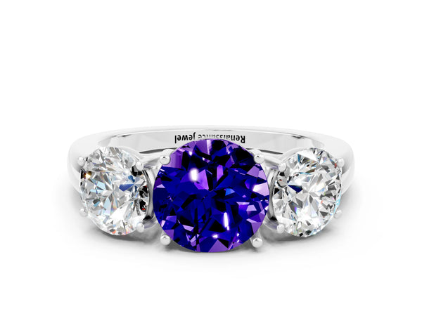 Silver Round Cut Tanzanite Three-Stone Ring with Four-Prong Setting and Classic Band
