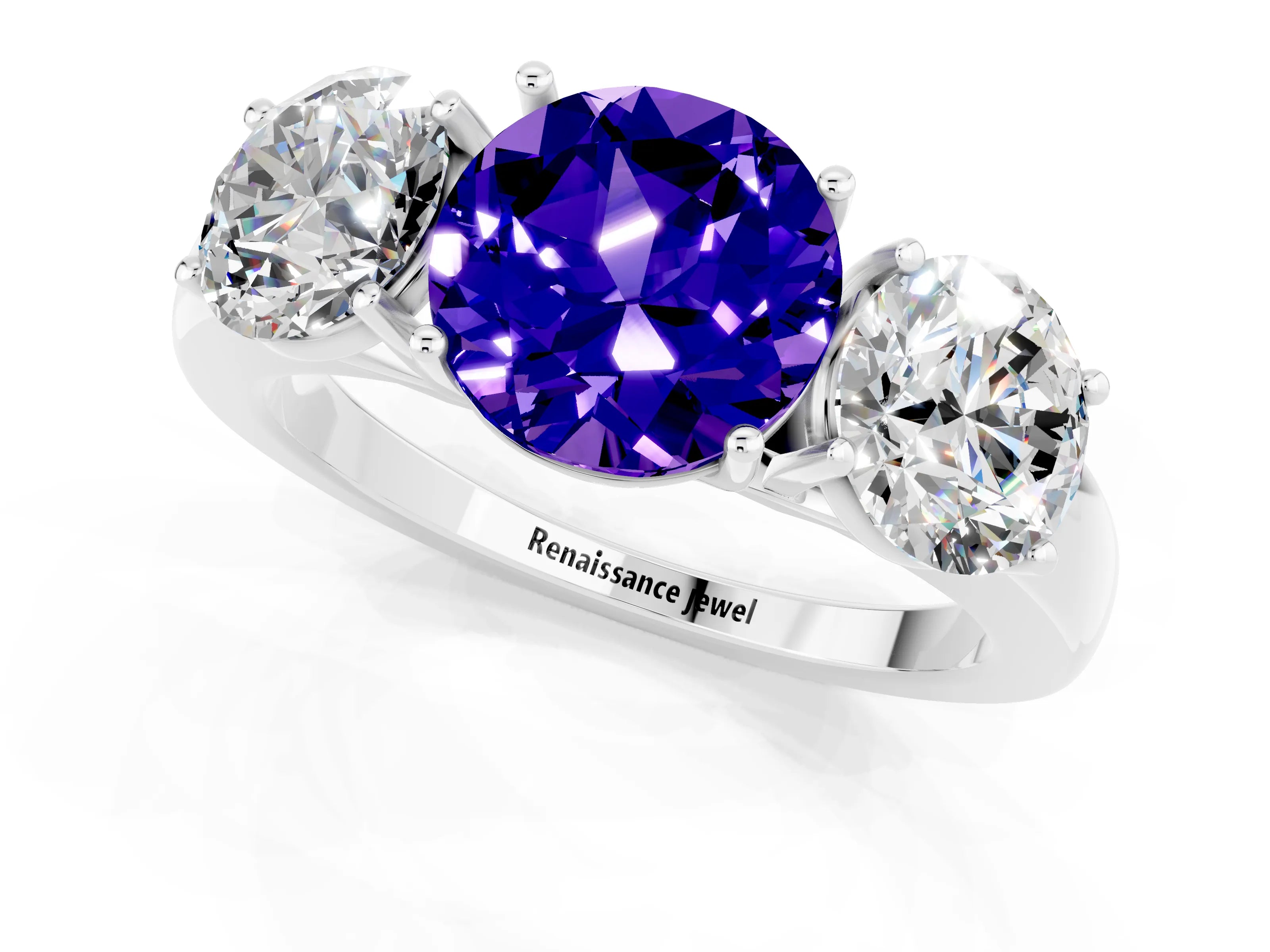 White gold Round Cut Tanzanite Three-Stone Ring with Four-Prong Setting and Classic Band_1