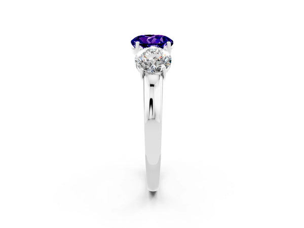 White gold Round Cut Tanzanite Three-Stone Ring with Four-Prong Setting and Classic Band