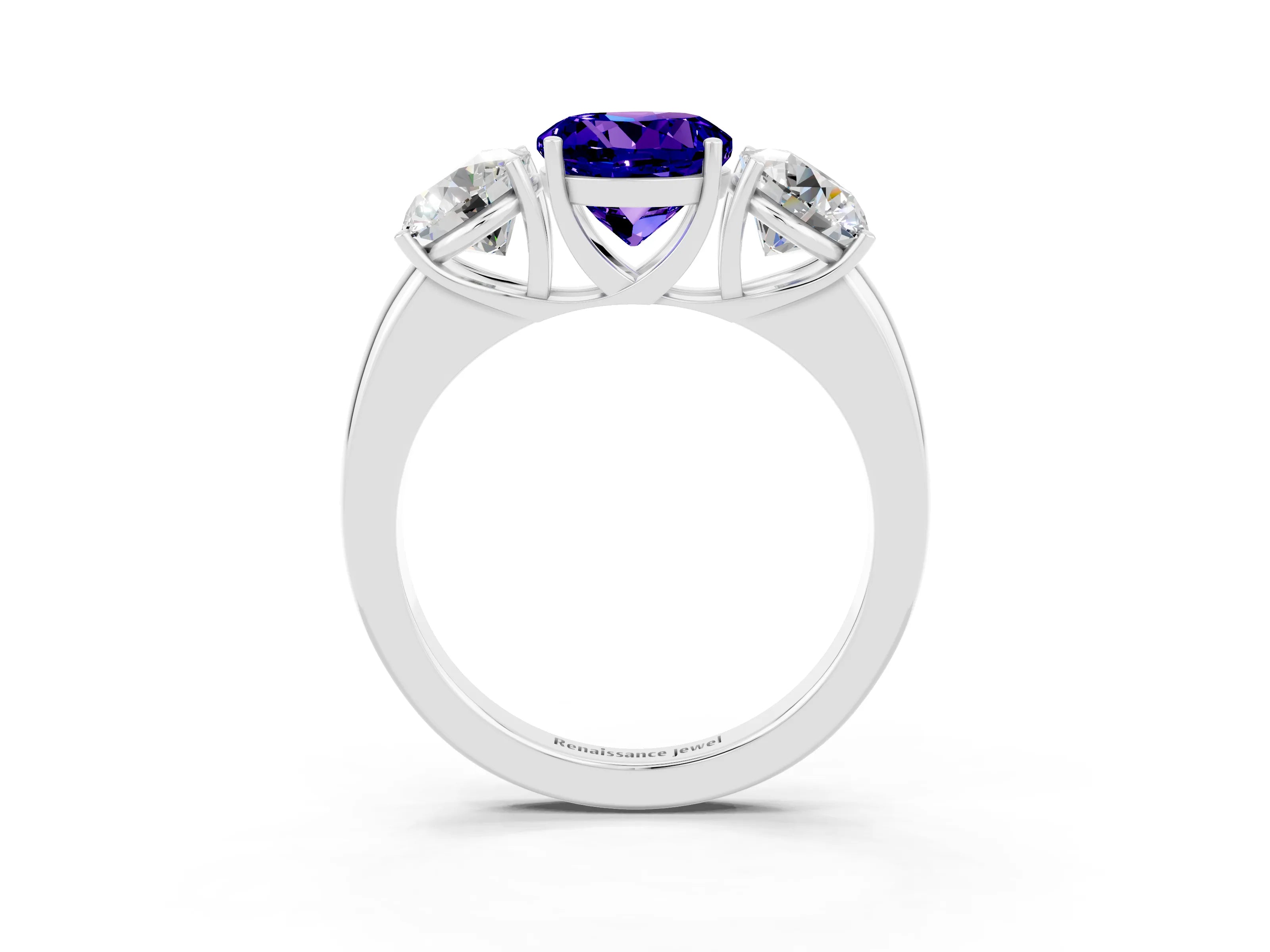 White gold Round Cut Tanzanite Three-Stone Ring with Four-Prong Setting and Classic Band_3