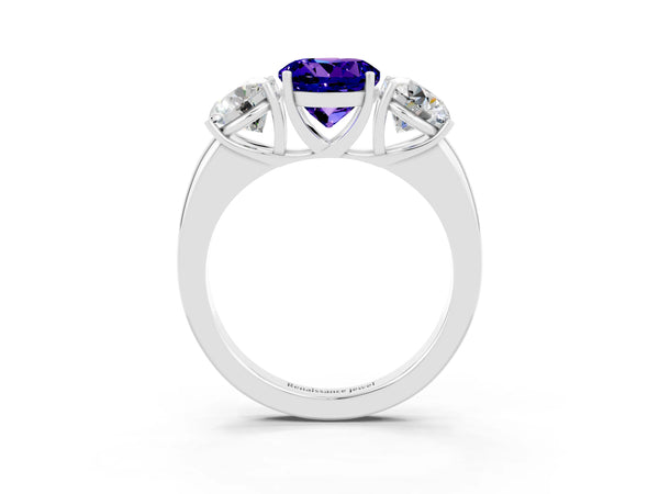 White gold Round Cut Tanzanite Three-Stone Ring with Four-Prong Setting and Classic Band