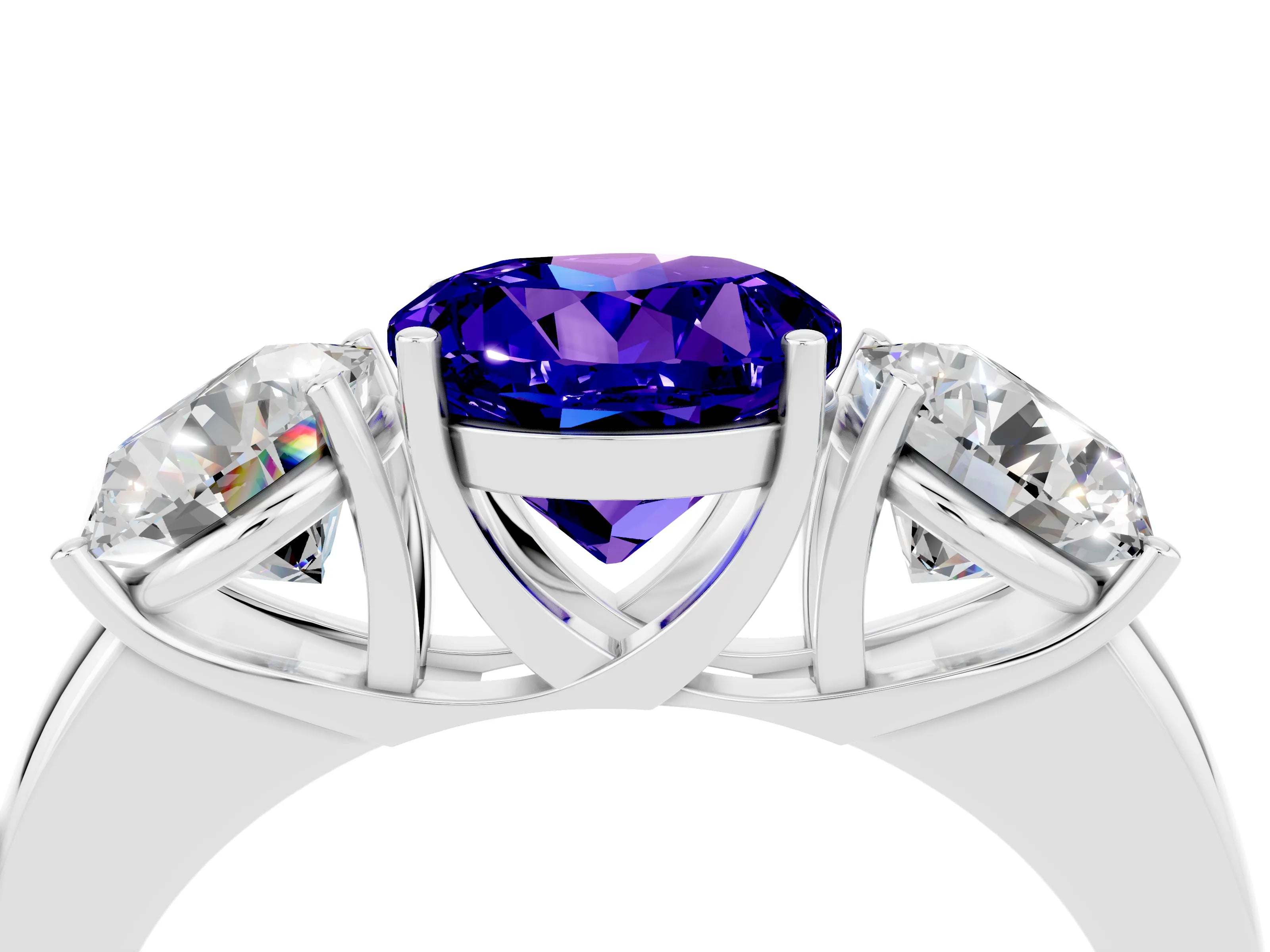 White gold Round Cut Tanzanite Three-Stone Ring with Four-Prong Setting and Classic Band_4
