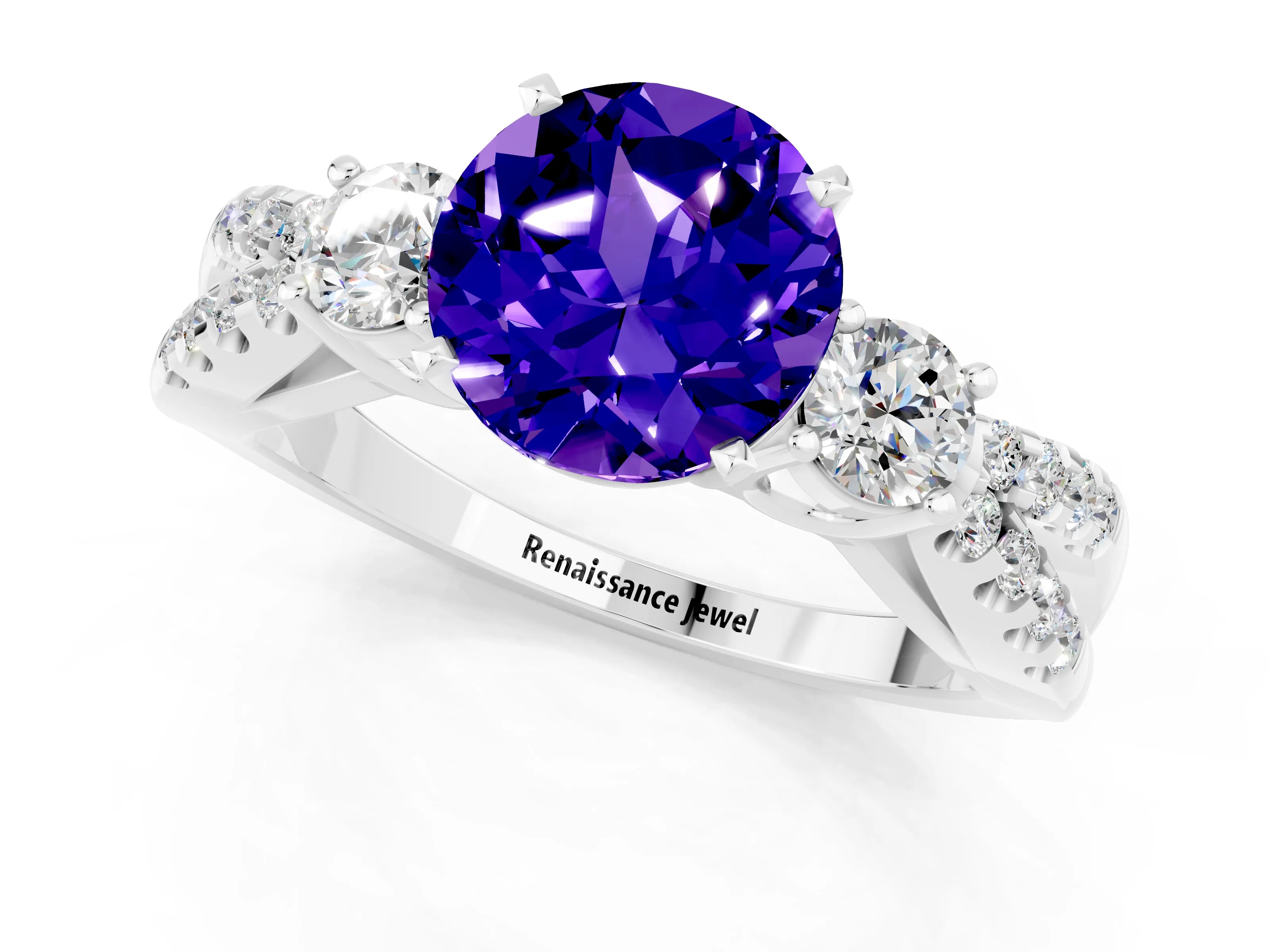 White gold Round Cut Tanzanite Three-Stone Ring with Pavé Split Shank and Four-Prong Setting_1