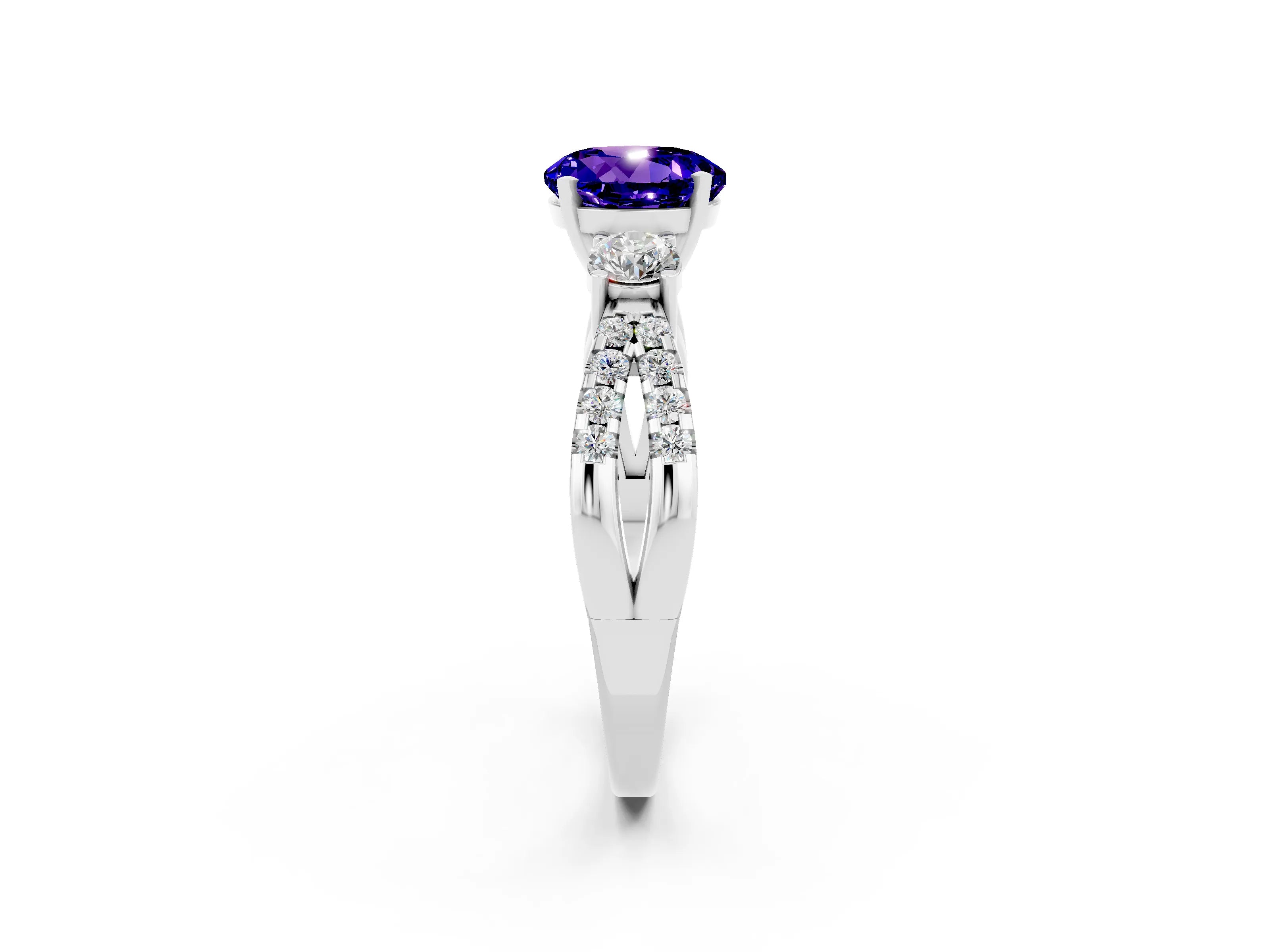 White gold Round Cut Tanzanite Three-Stone Ring with Pavé Split Shank and Four-Prong Setting_2