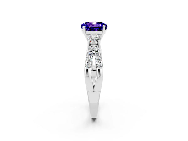 Silver Round Cut Tanzanite Three-Stone Ring with Pavé Split Shank and Four-Prong Setting