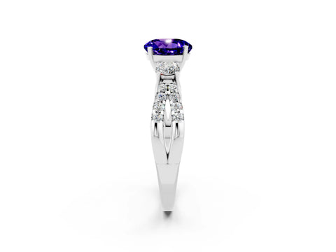 White gold Round Cut Tanzanite Three-Stone Ring with Pavé Split Shank and Four-Prong Setting_2