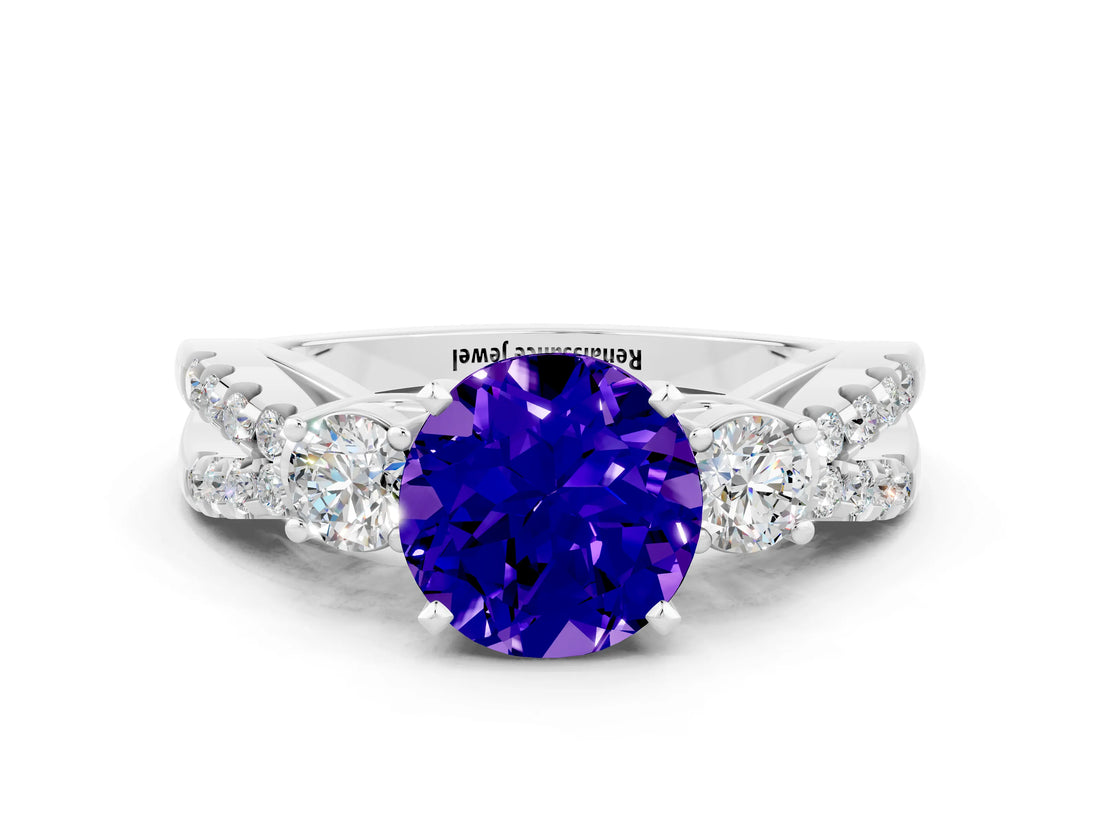 White gold Round Cut Tanzanite Three-Stone Ring with Pavé Split Shank and Four-Prong Setting