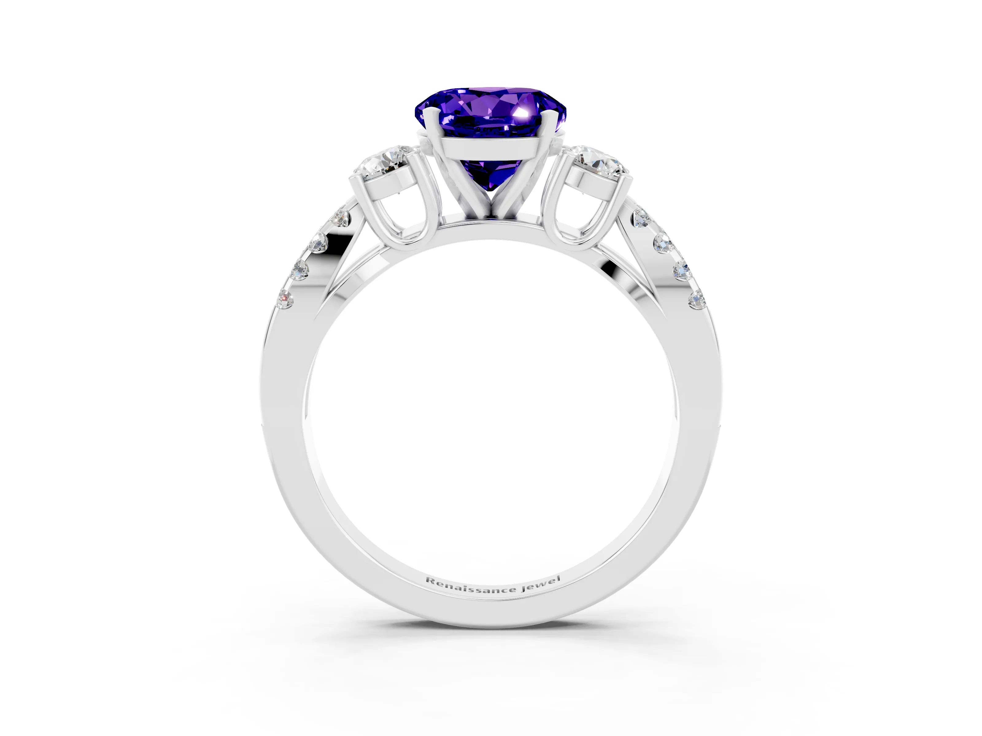 White gold Round Cut Tanzanite Three-Stone Ring with Pavé Split Shank and Four-Prong Setting_3