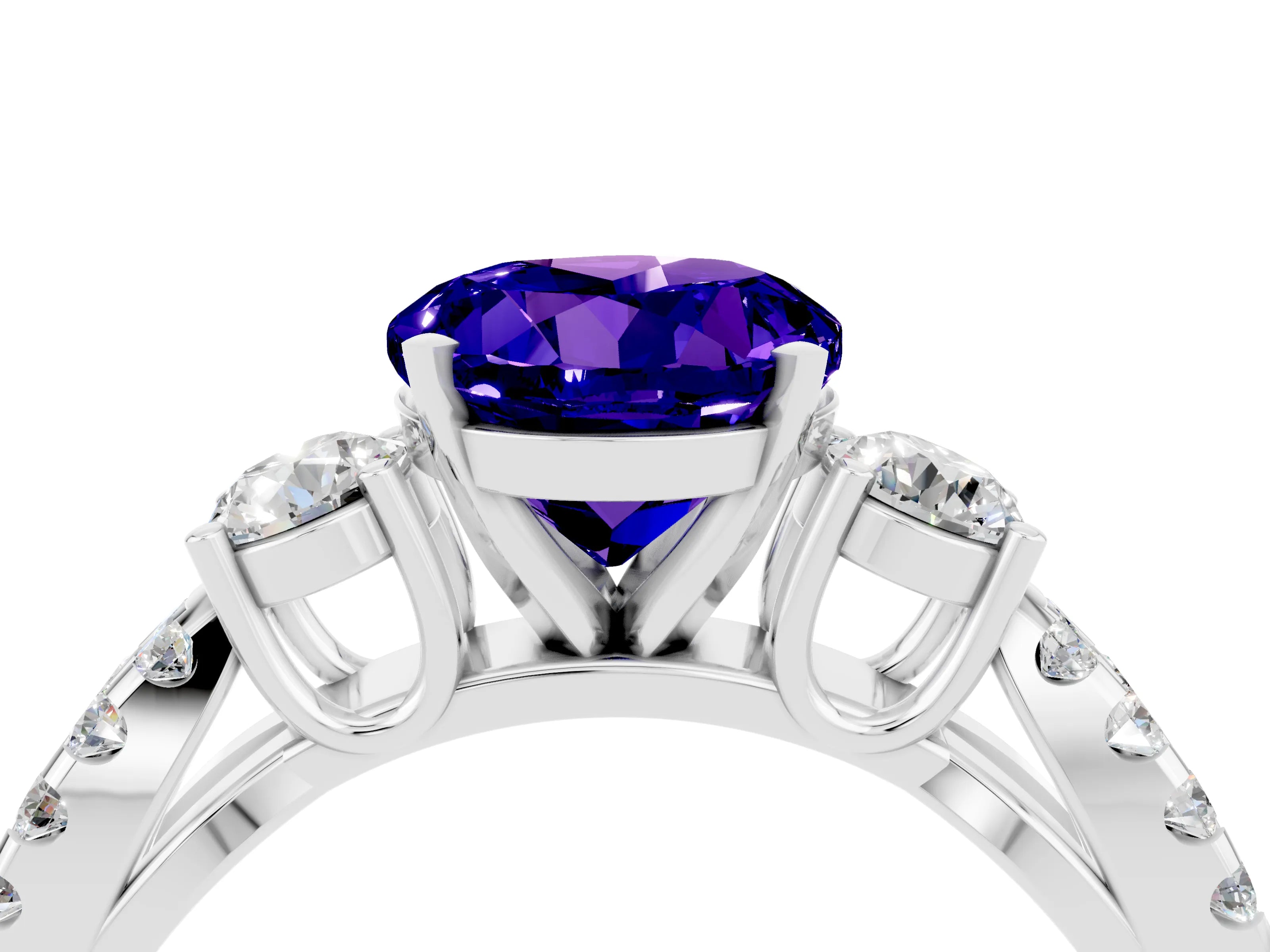 White gold Round Cut Tanzanite Three-Stone Ring with Pavé Split Shank and Four-Prong Setting_4