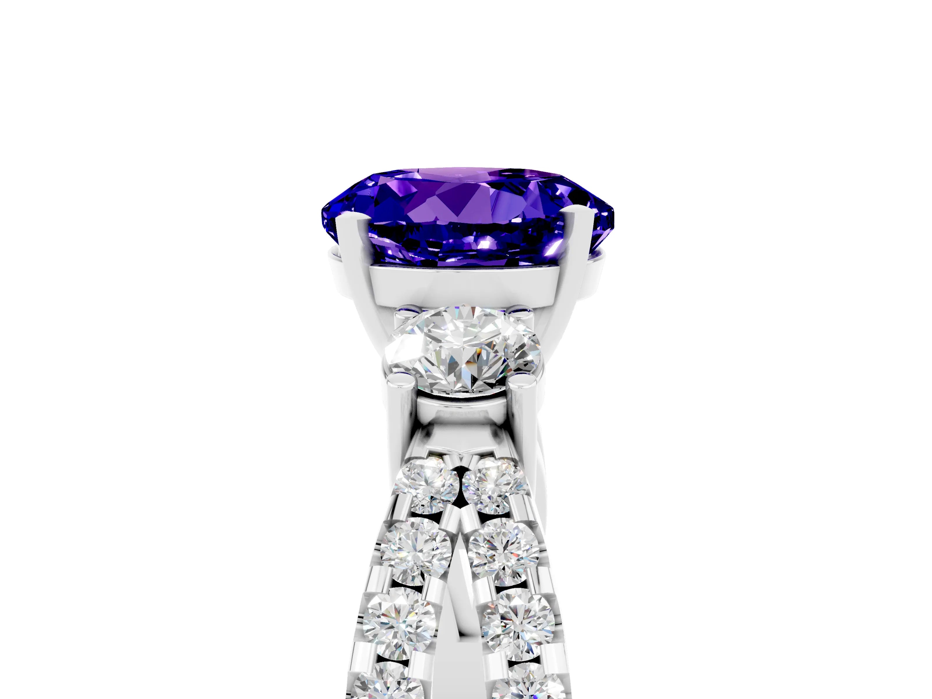 White gold Round Cut Tanzanite Three-Stone Ring with Pavé Split Shank and Four-Prong Setting_5
