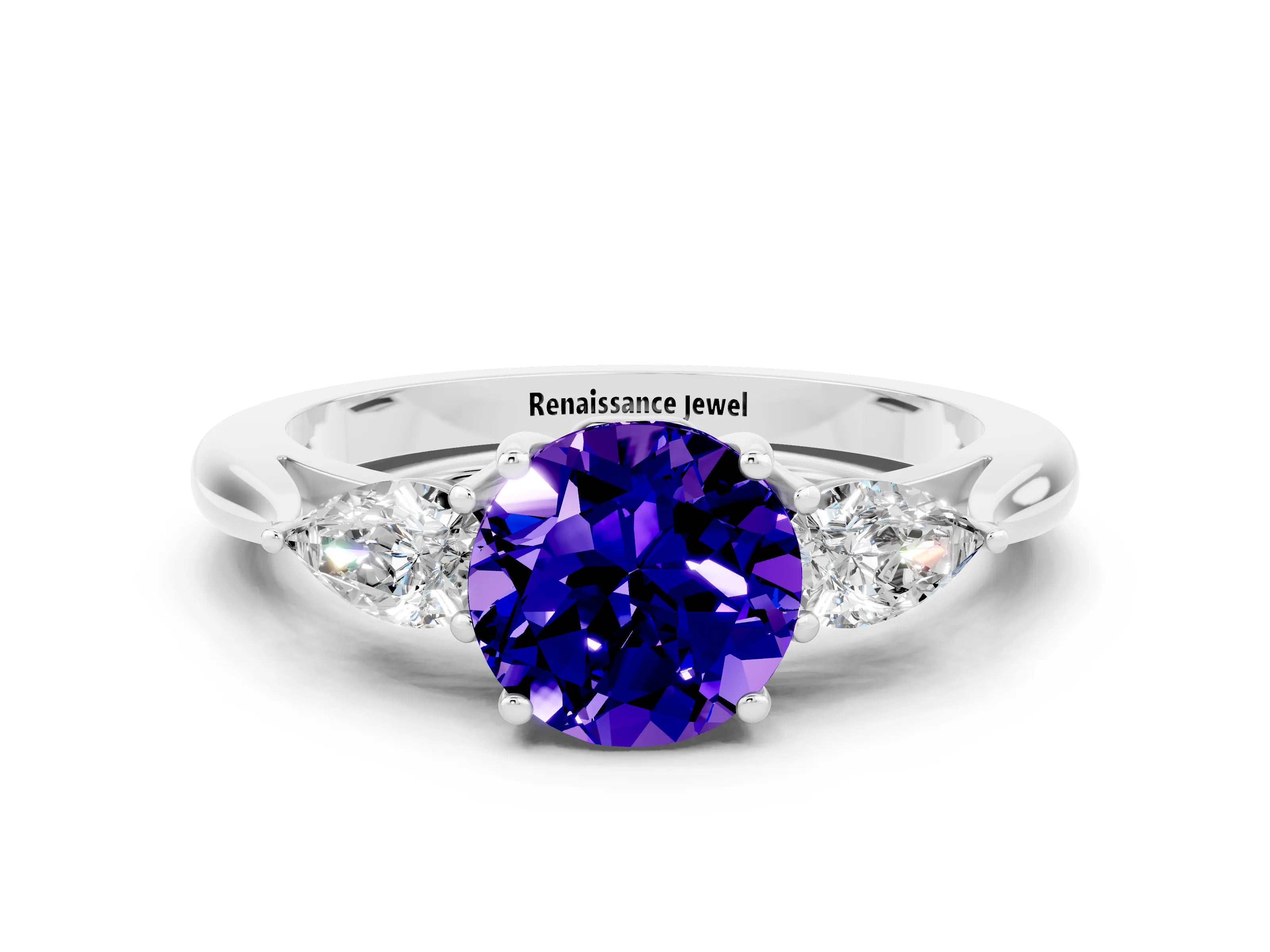White gold Round Cut Tanzanite Three-Stone Ring with Pear Side Stones and Four-Prong Setting_12