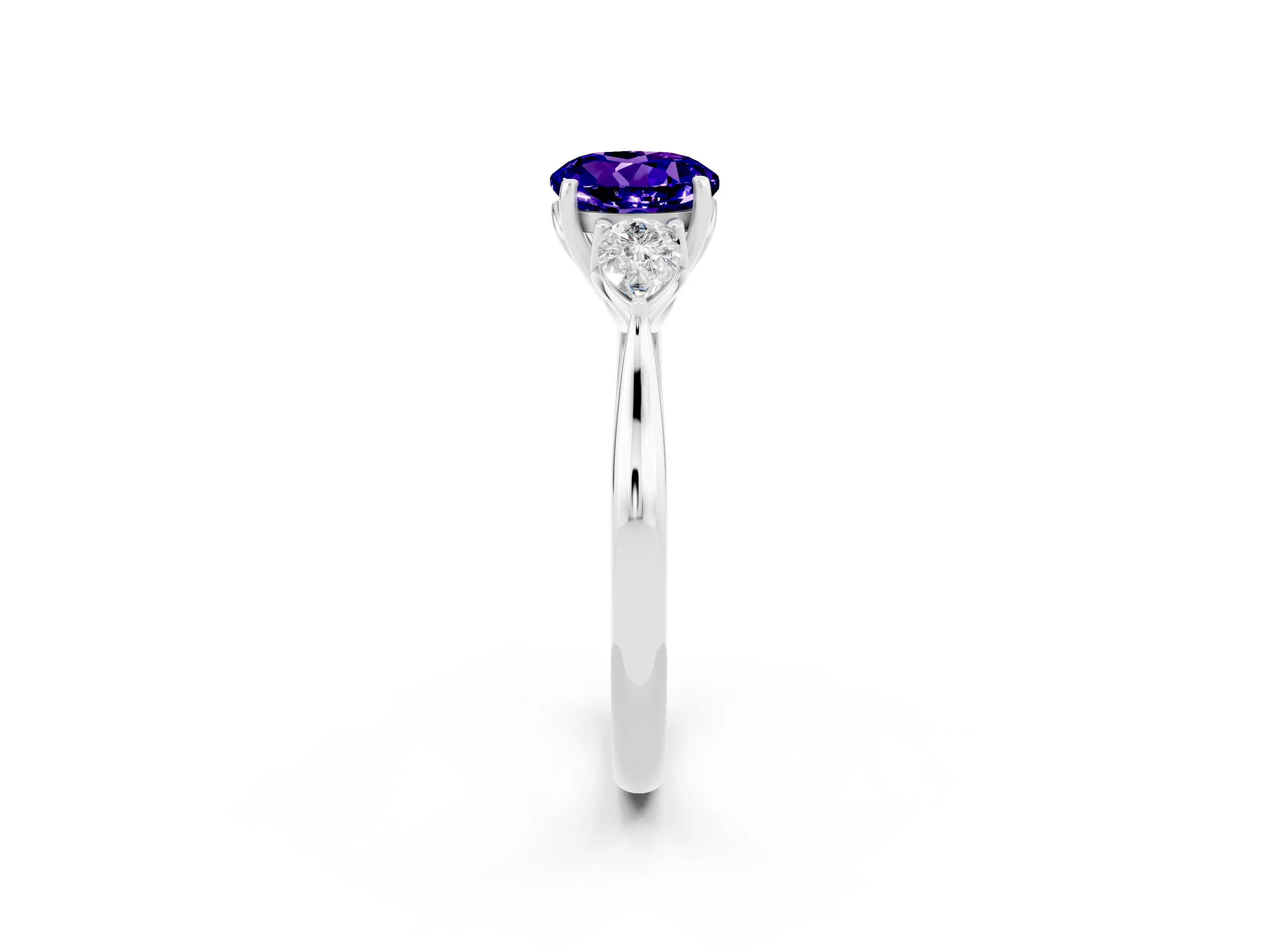 White gold Round Cut Tanzanite Three-Stone Ring with Pear Side Stones and Four-Prong Setting_14