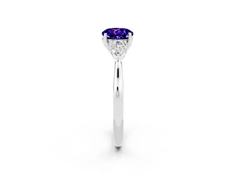 White gold Round Cut Tanzanite Three-Stone Ring with Pear Side Stones and Four-Prong Setting_14