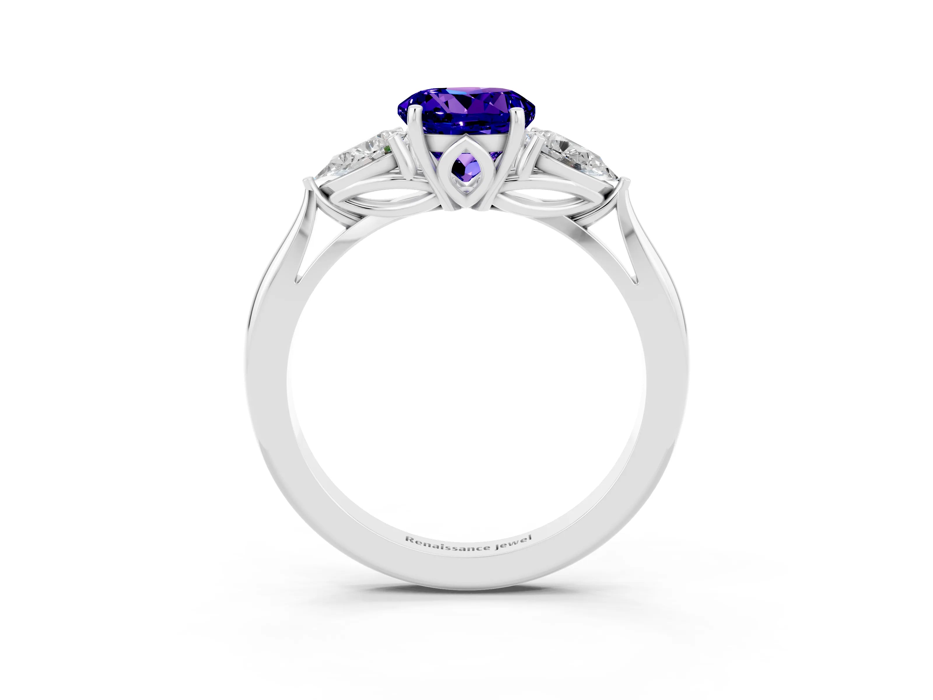 White gold Round Cut Tanzanite Three-Stone Ring with Pear Side Stones and Four-Prong Setting_15