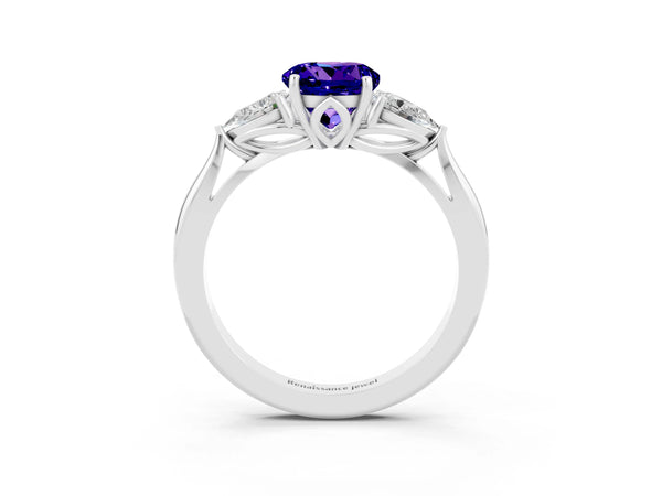 Silver Round Cut Tanzanite Three-Stone Ring with Pear  Side Stones and Prong Setting