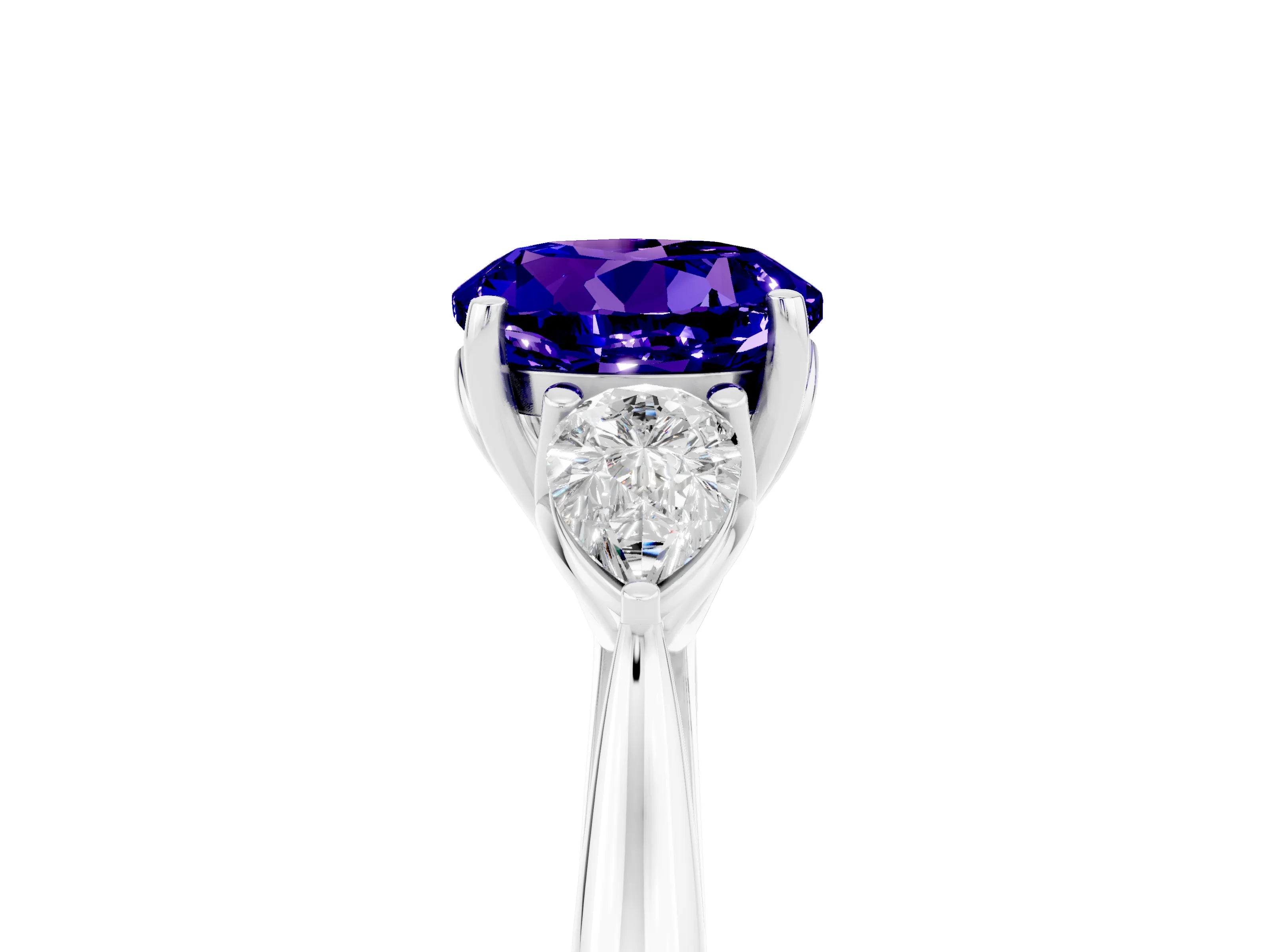 White gold Round Cut Tanzanite Three-Stone Ring with Pear Side Stones and Four-Prong Setting_17
