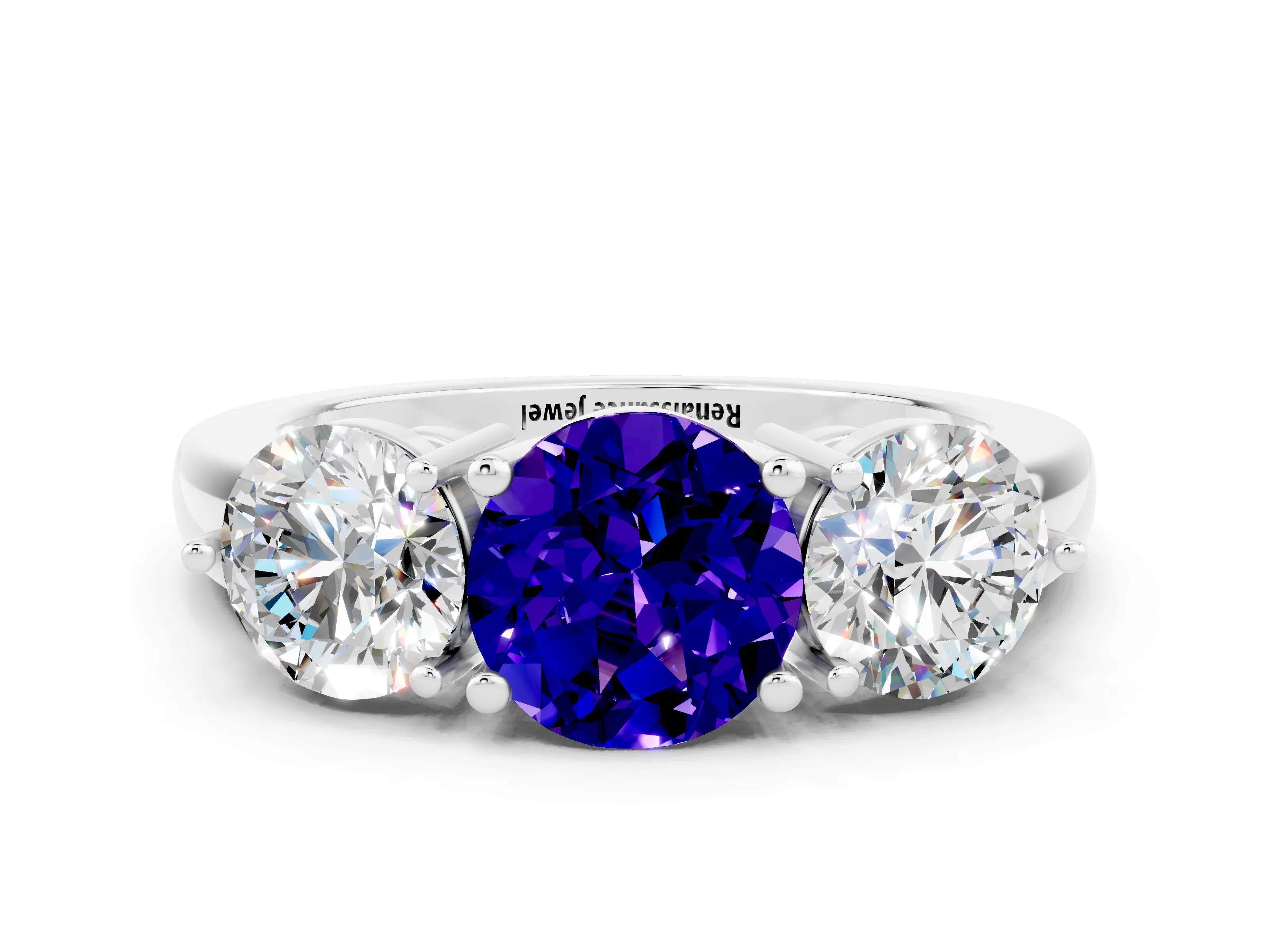White gold Round Cut Tanzanite Three-Stone Ring with Prong Setting and Classic Band