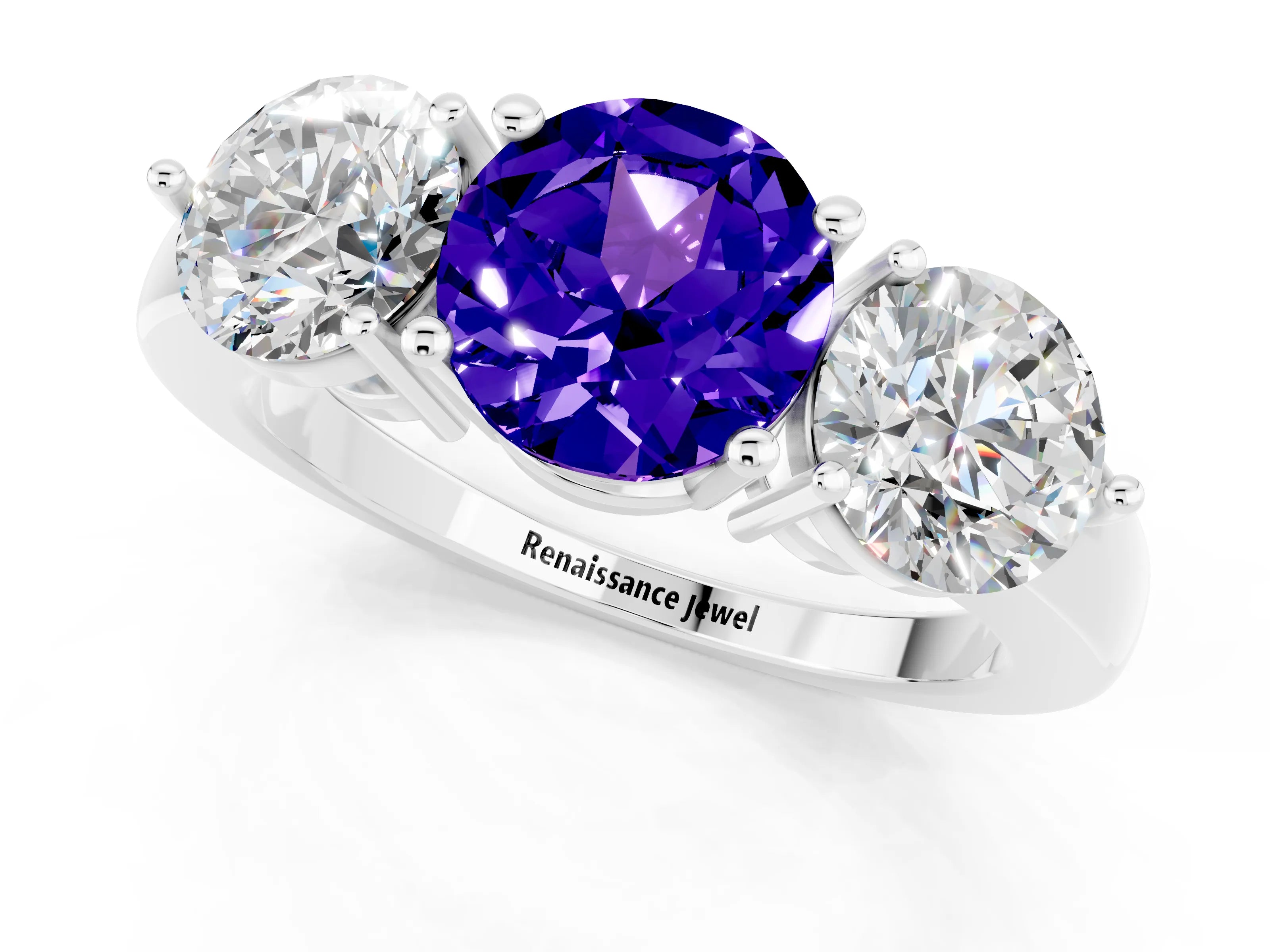 White gold Round Cut Tanzanite Three-Stone Ring with Prong Setting and Classic Band_1