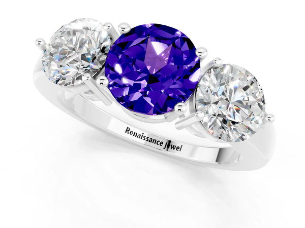 Platinum Round Cut Tanzanite Three-Stone Ring with Prong Setting and Classic Band