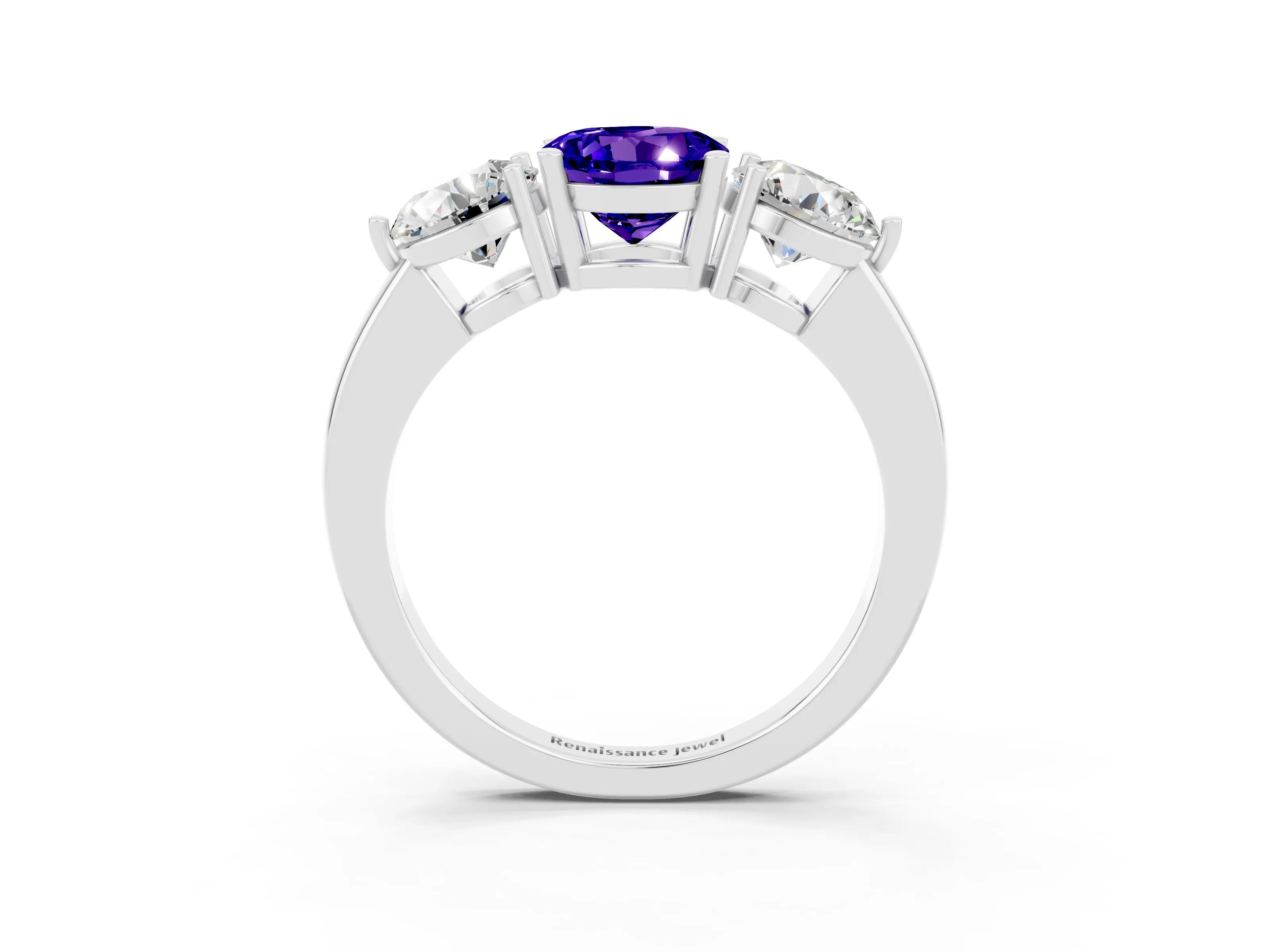 White gold Round Cut Tanzanite Three-Stone Ring with Prong Setting and Classic Band_3