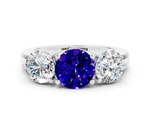 White gold Round Cut Tanzanite Three-Stone Ring with Prong Setting and Classic Band