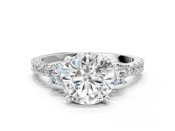 Sterling Silver Round Three Stone Engagement Ring Setting with Round Side Stones and Pave Band